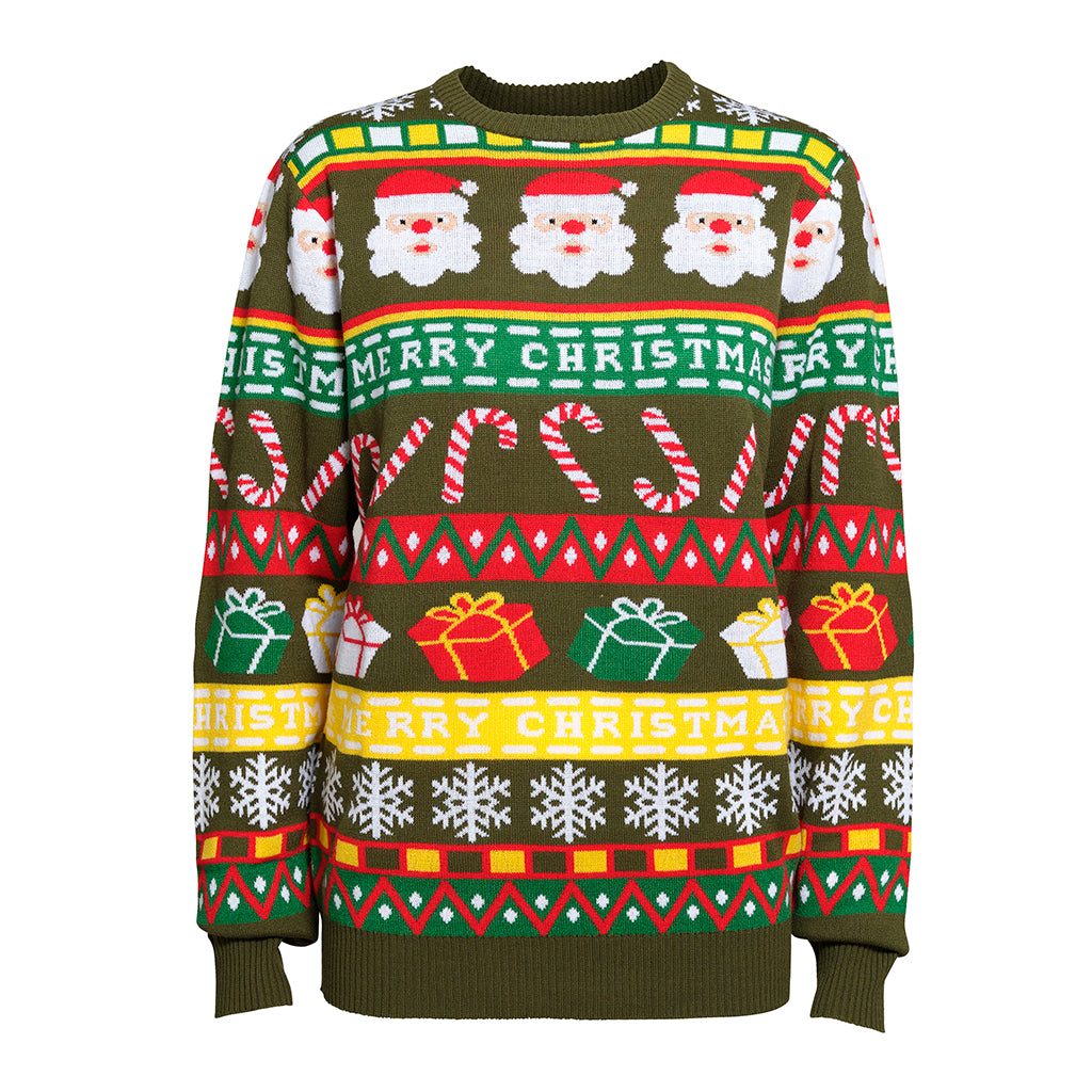 En julesweater med sukkerstokke, snefnug og gaver på.